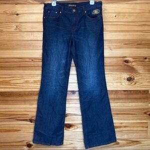 Vintage fabulosity wide leg blue jeans red stitch & gold embroidered juniors 11